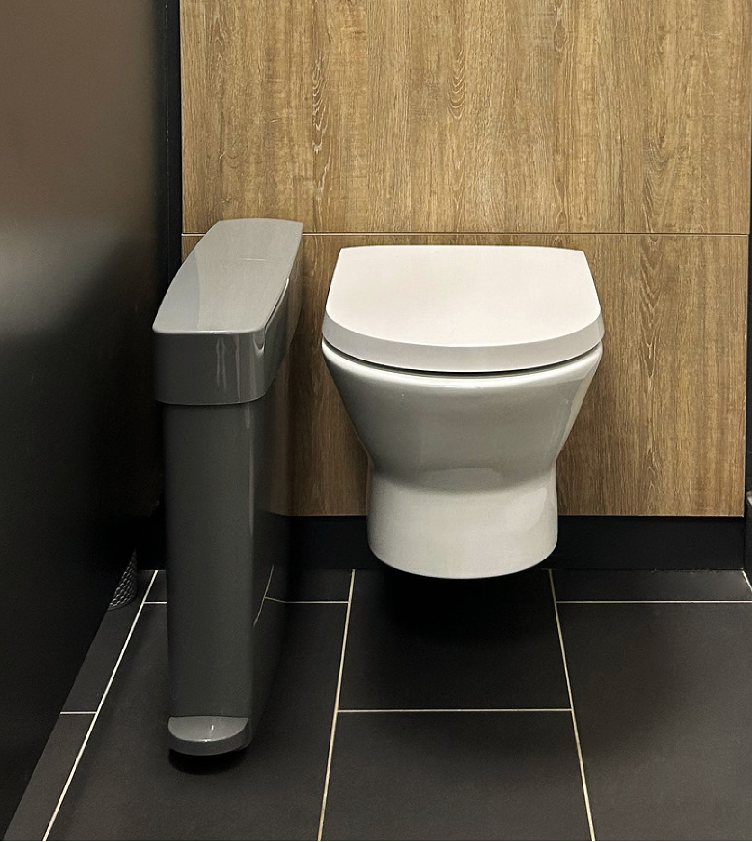 Hygienics grey sanicare bin in a toilet cubicle Hygienics grey sanicare bin in a toilet cubicle